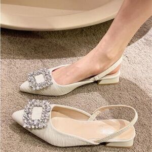 Chic White Slingback Flats with Crystal Detail